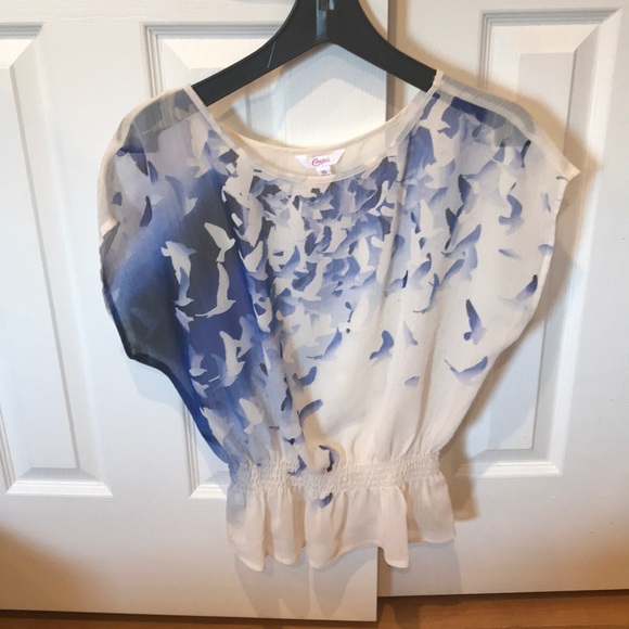 Candie's Tops - Candies cream and blue bird detail peplum top.